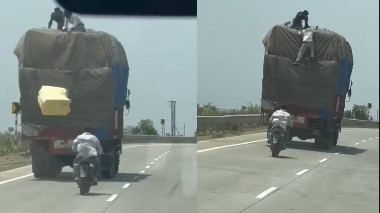 Madhya Pradesh highway Three Men On Bike theft from Moving Truck video goes viral Watch Video: ஓடும் லாரியில் பைக்கில் வந்து திருடும் கும்பல் வீடியோ: நெட்டிசன்கள் ரியாக்ஷன்