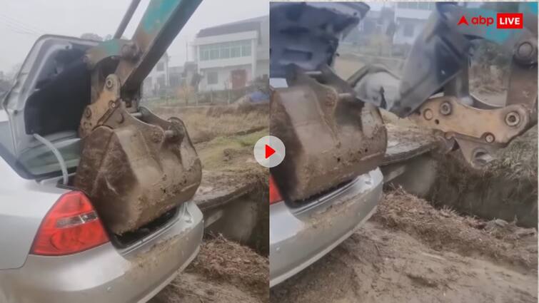 Jcb bucket broke as it tried to lift the car showcases ultimate building quality of the car Video: कार की बिल्ड क्वालिटी देख कर हैरान रह जाएंगे आप... कार को लिफ्ट कर रही जेसीबी ही टूट गई