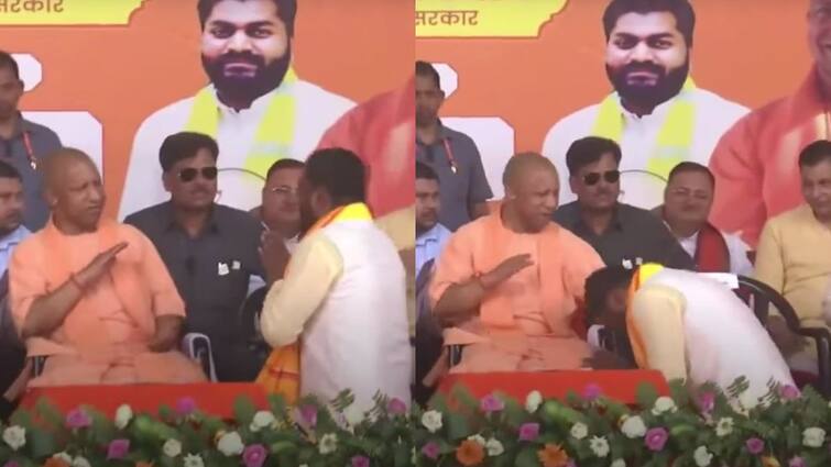 Lok Sabha Elections 2024 Arvind Rajbhar Took blessing of CM yogi on Stage OP Rajbhar made announcement Lok Sabha Elections 2024: घुटनों के बल बैठे अरविंद राजभर, सीएम योगी ने पीठ थपथपाकर दिया आशीर्वाद; OP राजभर ने किया बड़ा ऐलान