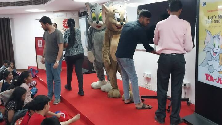 The two cartoon characters, Tom and Jerry, were seen dancing to entertain children during the summer camp. (Photo: Divyadeep Singh/ABP LIVE)