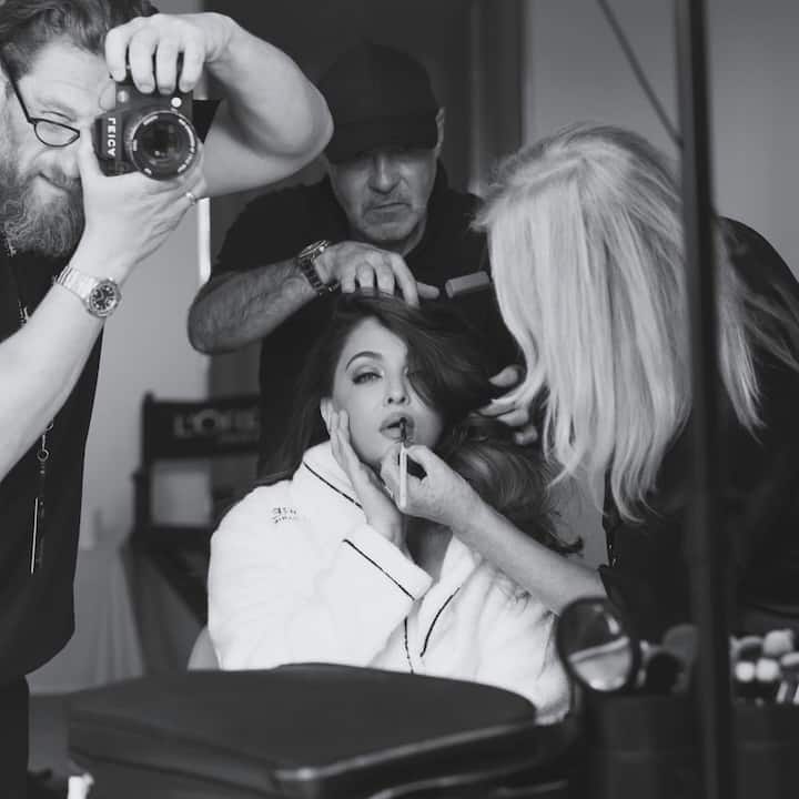 In the pictures, Aishwarya is seen clad in a bathrobe, sitting on a chair and getting her hair and makeup done. (Image: Instagram/@aishwaryaraibachchan_arb)