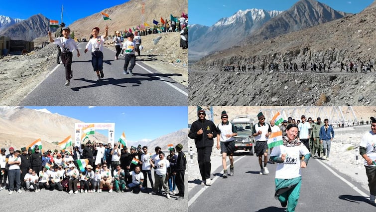 'Kargil Vijay Diwas': 14000 फीट की ऊंचाई, तिरंगा लेकर दौड़े बच्चे... करगिल युद्ध में शहीद सैनिकों को इस तरह किया गया याद Kargil Vijay Diwas Celebrated by Indian Army in Shyok Village Program held named as Run for remembrance ann 'Kargil Vijay Diwas': 14000 फीट की ऊंचाई, तिरंगा लेकर दौड़े बच्चे... करगिल युद्ध में शहीद सैनिकों को इस तरह किया गया याद