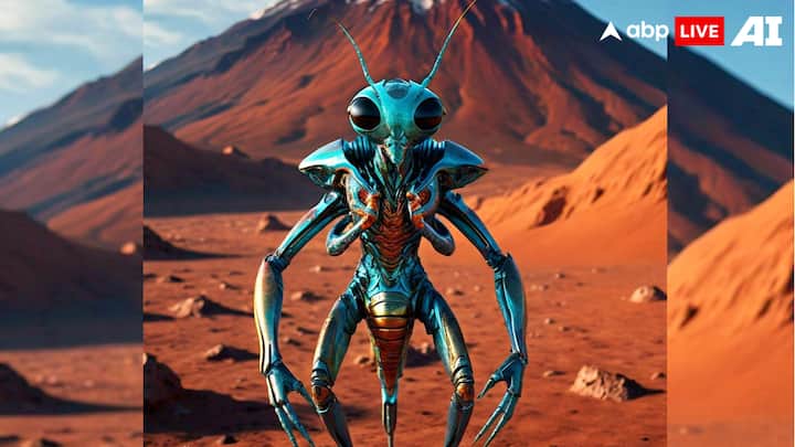 तीसरे नंबर की पृथ्वी को छोड़ दिया जाए तो चौथे नंबर पर है मंगल. मंगल पर इंसानों ने जीवन की खोज शुरू कर दी है. एआई ने यहां रहने वाले जीवों की भी संभावित तस्वीर बनाई है. इस तस्वीर में आप देख सकते हैं कि ये एक टिड्डे जैसे दिखने वाला जीव है जो दो पैरों पर खड़ा है.
