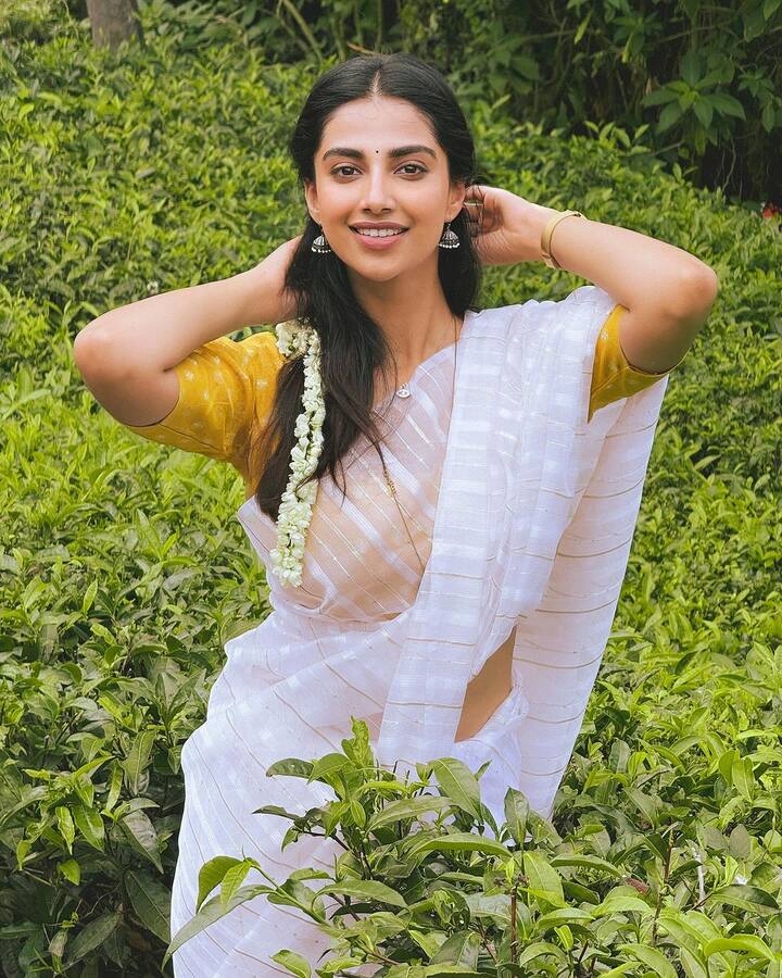 హెయిర్ స్టైల్ బ్యాక్ పిన్స్ పెట్టి.. మల్లెపూలు పెట్టుకుంది. చెవులకు ఝుంకాలు పెట్టుకుని.. చిన్న బొట్టుతో అందంగా కనిపించింది హీరోయిన్.(Images Source : Instagram/Meenaakshi Chaudhary)