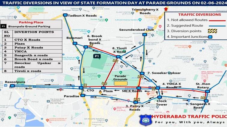 Traffic Diversions for Telangana Formation day celebrations on June 2 at parade grounds secunderabad Hyderabad Traffic News: హైదరాబాద్‌లో నేడు భారీగా ట్రాఫిక్ మళ్లింపులు, ఈ ప్రాంతాల్లోకి అస్సలు వెళ్లకండి - ట్రాఫిక్ పోలీస్