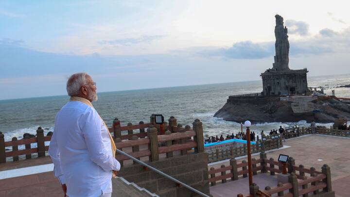 Before he embarked on the dhyan exercise, for a while, PM Modi stood on the stairs leading to the mandapam that offers a breathtaking view of the sea that surrounds the memorial from all sides. (Photo: Special Arrangement)