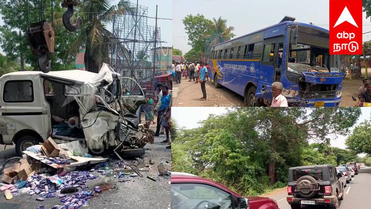 ECR accident Puducherry government bus and mini load van collide head on Vehicles are lined up - TNN ECR accident:  ஈசிஆரில் கோர விபத்து;  பேருந்தும்  வேனும் நேருக்கு நேர் மோதல்... உடல் நசுங்கி ஒருவர் பலி.. அணிவகுத்து நிற்கும் வாகனங்கள்