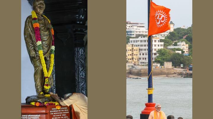 विवेकानंद रॉक मेमोरियल स्वामी विवेकानंद की मूर्ति भी लगी हुई है, जिसको पीएम मोदी ने फूल अर्पित किए. उन्होंने मूर्ति के चारों ओर हाथ जोड़कर परिक्रमा भी की. तस्वीर में फहरा रहे भगवा ध्वज को भी देखा जा सकता है, जिस पर ओम लिखा हुआ है.