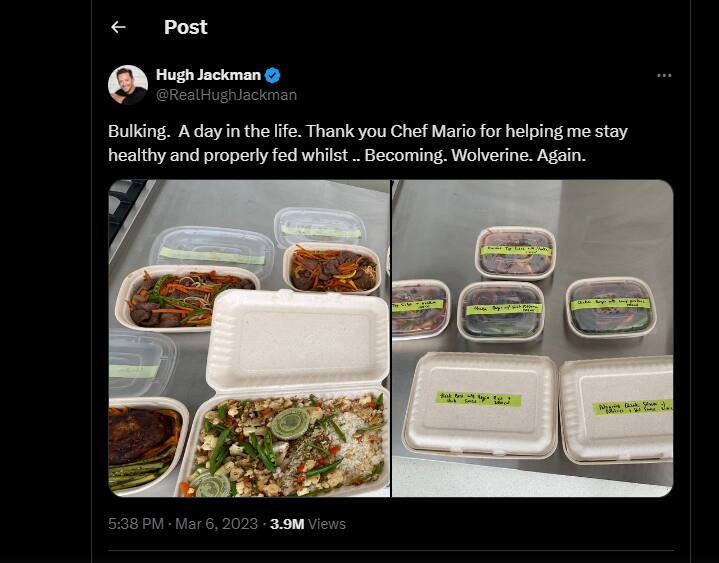 एक दिन में 8,000 कैलोरी का खाना खाते थे ह्यू- इस फिल्म के लिए जैकमैन का डाइट प्लान पूरी तरह से अलग था. 6 मार्च 2023 को अपने एक्स हैंडल से उन्होंने एक तस्वीर शेयर करते हुए लिखा था कि, ''बल्किंग, जीवन में एक दिन. मुझे स्वस्थ रहने और ठीक से खाने में मदद करने के लिए शेफ मारियो का शुक्रिया. बिकमिंग वूल्वरिन अगेन.'' इस फोटो में चिकन, चावल, मीठे आलू आदि नजर आ रहे हैं.