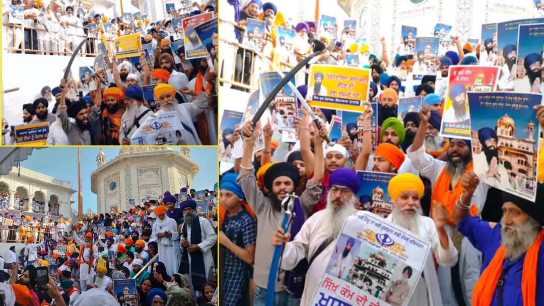40th anniversary of Operation Blue Star Sikh community raise slogans inside the Golden Temple premises in Amritsar Operation Blue Star: ਦਰਬਾਰ ਸਾਹਿਬ ਲੱਗੇ ਖਾਲਿਸਤਾਨ ਜ਼ਿੰਦਾਬਾਦ ਦੇ ਨਾਅਰੇ, ਭਿੰਡਰਾਵਾਲਿਆਂ ਦੀਆਂ ਤਸਵੀਰਾਂ ਫੜ ਨੌਜਵਾਨਾਂ 'ਚ ਜੋਸ਼ 