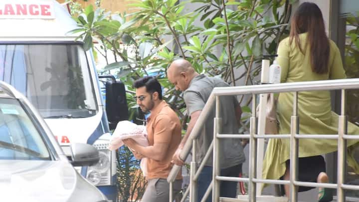 Actor Varun Dhawan was spotted with his newborn daughter and wife, Natasha Dalal, at Hinduja Hospital in Mumbai. 