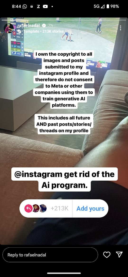 Rafael Nadal Refuses To Give Meta Consent To Use His Instagram Posts For Training Its AI Model