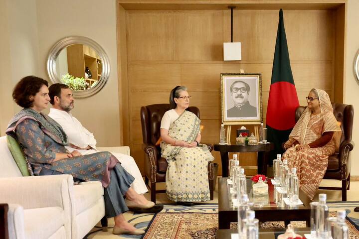 Prime Minister of Bangladesh Sheikh Hasina with CPP chairperson Sonia Gandhi, former Congress president Rahul Gandhi, and AICC General Secretary Priyanka Gandhi Vadra during a meeting, in New Delhi, Monday, June 10, 2024. (Image Source: @INCIndia)