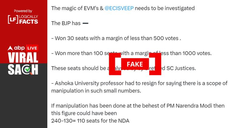 BJP Won Over 100 LS Seats With Margin Of Less Than 1000 Votes Social Media Post Fake Fact Check: Fake Social Media Post Claims BJP Won 100+ LS Seats With Margin Of 'Less Than 1000 Votes'