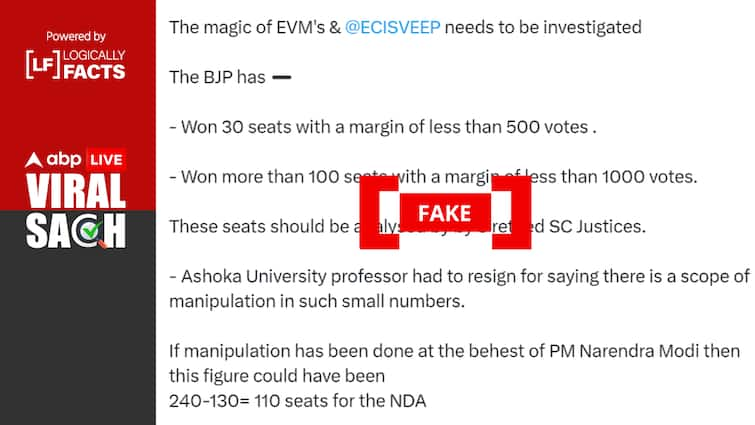 Fact Check: Fake Social Media Post Claims BJP Won 100+ LS Seats With Margin Of 'Less Than 1000 Votes'