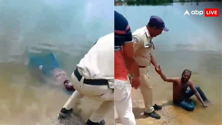 man jumps into river to get relief from heat police thought dead body video goes viral on social media नदी किनारे बहती लाश देखकर उठाने पहुंची पुलिस, हाथ लगाते ही उड़ गए होश- वीडियो वायरल