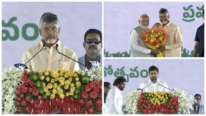 TDP supremo N. Chandrababu Naidu has taken oath as Andhra Pradesh Chief Minister for the fourth term. Guests at the ceremony included PM Narendra Modi.