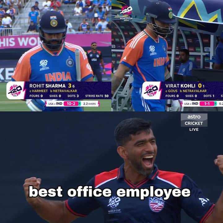 अमेरिकेकडून खेळणाऱ्या मराठमोळ्या सौरभ नेत्रावळकरनं भारताला जोरदार धक्के दिले. विराट कोहलीला नेत्रावळकरनं शुन्यावर बाद केलं. तर, रोहित शर्मा  देखील 3 धावा करुन बाद झाला.