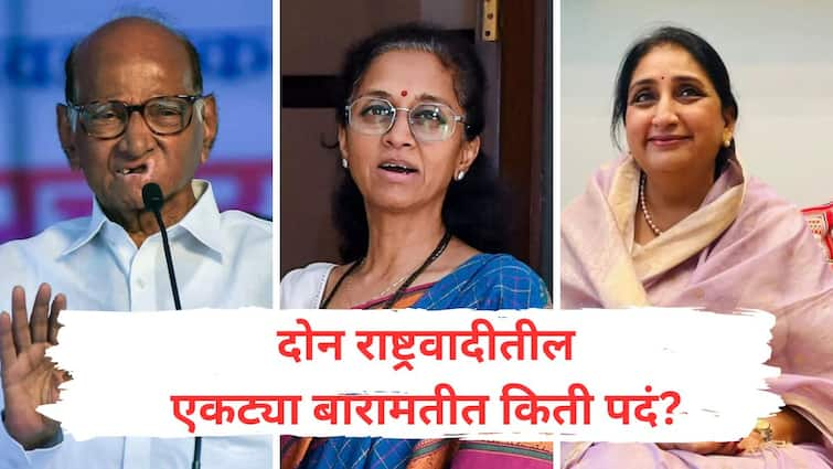 Sharad Pawar & Ajit Pawar NCP 3 MPs two MLAs in Pawar family from two NCPs how many posts in Baramati alone Sharad Pawar & Ajit Pawar NCP : दोन राष्ट्रवादीतून पवारांच्या घरात 3 खासदार, दोन आमदार, एकट्या बारामतीत किती पदं?