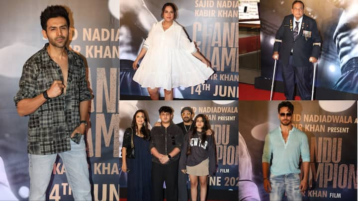 Chandu Champion Screening Photos: बॉलीवुड एक्टर कार्तिक आर्यन इन दिनों अपनी फिल्म ‘चंदू चैंपियन’ को लेकर चर्चा में हैं. जो कल यानि 14 जून को रिलीज होने जा रही हैं.