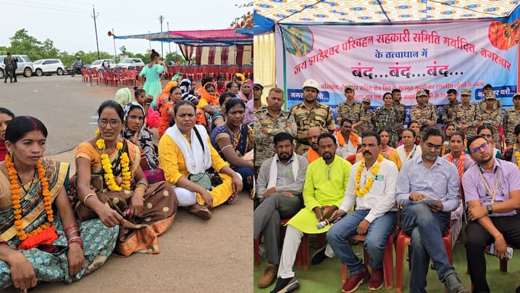 Protest against land displaced in Bastar Land affected people against NMDC steel plant ann एनएमडीसी स्टील प्लांट प्रबंधन के खिलाफ लोगों ने खोला मोर्चा, प्लांट के सामने आंदोलन