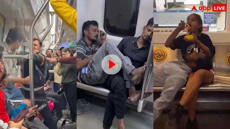 Funny viral videos of Delhi Metro people fight and couple romance in running metro Video: कभी चले लात घूसे तो कभी हुआ खुल्लम खुल्ला रोमांस, एक साथ देखें दिल्ली मेट्रो के ये वायरल वीडियो