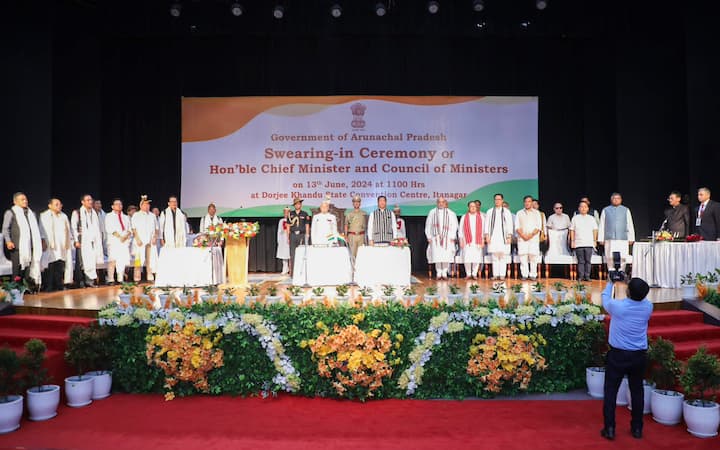 Arunachal Pradesh Governor Kaiwalya Trivikram Parnaik with state CM-designate Pema Khandu during the swearing-in ceremony, at the DK State Convention Centre in Itanagar, Thursday, June 13, 2024. (Image Source: PTI)