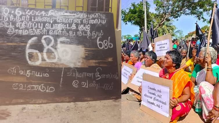 Parandur airport protests against continue in ekanapuram village in kanchipuram today is 686vday protest blackboard is wornout TNN 