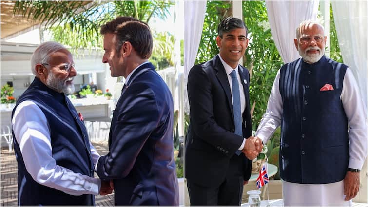 G7 Summit PM Modi French President Macron UK Britain Rishi Sunak Exchange Hug Hold Bilateral Meeting In Apulia G7 Summit: Modi Conveys Wishes To Macron For Paris Olympics, Discusses Semiconductors & Trade With Sunak