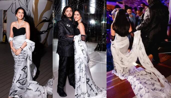 radhika merchants elegant black gown printed with anant ambanis love letter viral photos Anant-Radhika Wedding: 'নাতি-নাতনিকে আমাদের প্রেমের গল্প শোনাতে চাই', অনন্তের লেখা প্রেমপত্র দিয়ে তৈরি হল রাধিকার গাউন!