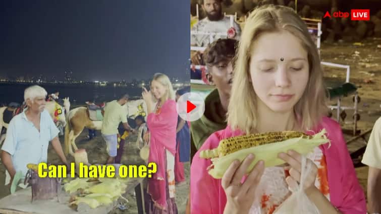 Russian influencer Maria Chugulova ate corn on the beach in Mumbai goes viral Video: रशियन ब्लॉगर ने पहली बार चखा भुट्टे का स्वाद, रिएक्शन हो रहा वायरल