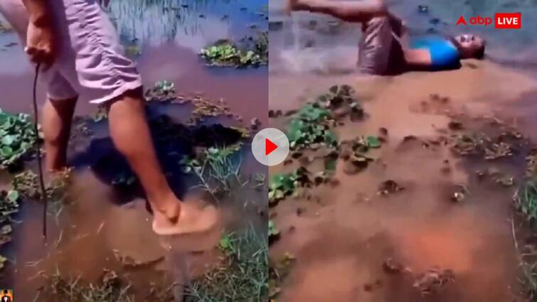 Funny video While crossing the river a man foot fell on a dangerous fish stingray Video: नदी पार करते हुए खतरनाक जीव पर पड़ा शख्स का पैर...वीडि​यो देख ​​दंग रह जाएंगे आप