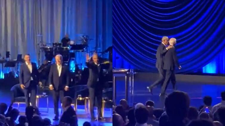 US Presdent Biden freezes at event on stage obama helps video goes viral Joe Biden: అధ్యక్షా ఏమిటిది - మళ్లీ ఫ్రీజ్ అయిపోయిన జో బైడెన్, సాయం చేసిన ఒబామా