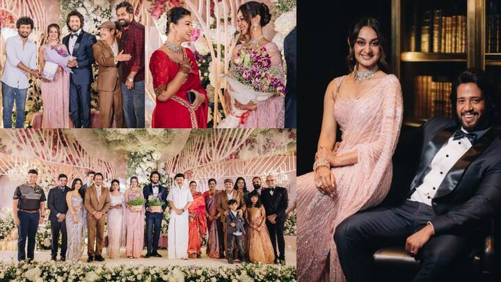 Aishwarya Umapathy Reception : அர்ஜுன் மகள் ஐஸ்வர்யாவிற்கும் தம்பி ராமையா மகன் உமாபதிக்கும் திருமணம் முடிந்த கையோடு வரவேற்பு விழாவும் நடந்தது.