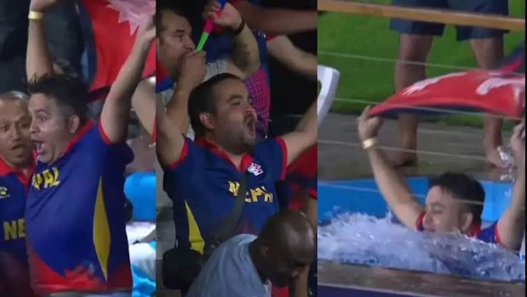BAN vs NEP Nepal Fan Jumps In Pool To Celebrate Wicket During T20 World Cup 2024 Match Vs Bangladesh Viral Video Watch Nepal Fan Jumps In Pool To Celebrate Wicket During T20 World Cup 2024 Match Vs Bangladesh, Video Goes Viral- WATCH