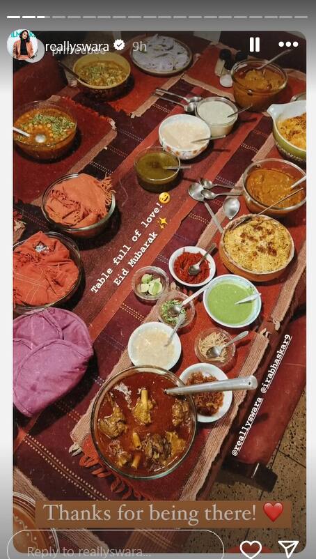 स्वरा ने लिखा- 'ये राबू की पहली बकरीद है. फहद अहमद और मैं एक शहर में नहीं हैं, लेकिन में ईद सेलिब्रेट करना चाहती थी क्योंकि मैं चाहती हूं कि राबिया दोनों कल्चर को समझे, जिनमें उसने जन्म लिया है. मेरे वेजिटेरियन पेरेंट्स ने डिनर होस्ट किया और मेरे दोस्त आए.'