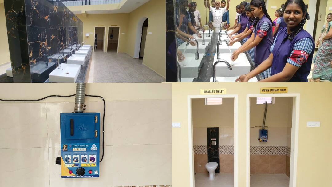 ஆட்டோமேட்டிக் கழிவறை, நாப்கின் டிஸ்பென்சர், தமிழ்நாட்டில் முதல் முறை: அசத்தும் அரசு மகளிர் பள்ளி! kanchipuram first government school toilet in Tamil Nadu to be built with high-quality modern facilities for the first time in any private school tnn ஆட்டோமேட்டிக் கழிவறை, நாப்கின் டிஸ்பென்சர், தமிழ்நாட்டில் முதல் முறை: அசத்தும் அரசு மகளிர் பள்ளி!