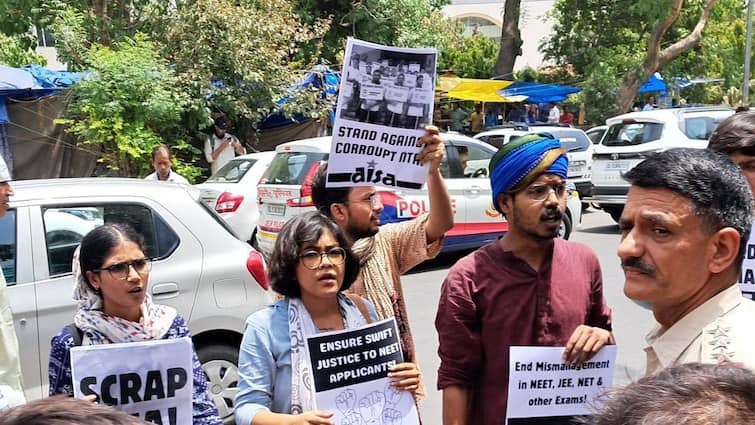 AISA Protests Over NEET 'Irregularities', Demands Re-Exam And Resignation Of Education Minister AISA Protests Over NEET 'Irregularities', Demands Re-Exam And Resignation Of Education Minister