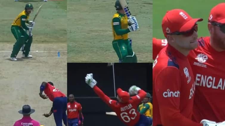 Jos Buttler Catch Quinton De Kock ENG vs SA T20 World Cup 2024 Viral Video England vs South Africa Jos Buttler Takes Stunning One-Handed Diving Catch To Dismiss Quinton de Kock In ENG vs SA T20 World Cup Clash- WATCH
