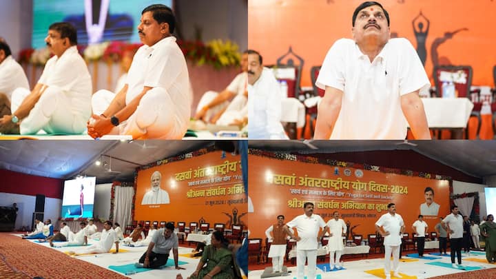 International Yoga Day 2024: सीएम मोहन यादव को भोपाल के लाल परेड मैदान पर आयोजित होने वाले योग के मुख्य समारोह में शामिल होना था, लेकिन बारिश ज्यादा होने की वजह से सीएम आवास में ही CM ने योग किया.