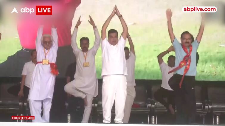 International Yoga Day: Union Minister Nitin Gadkari performs Yoga asanas