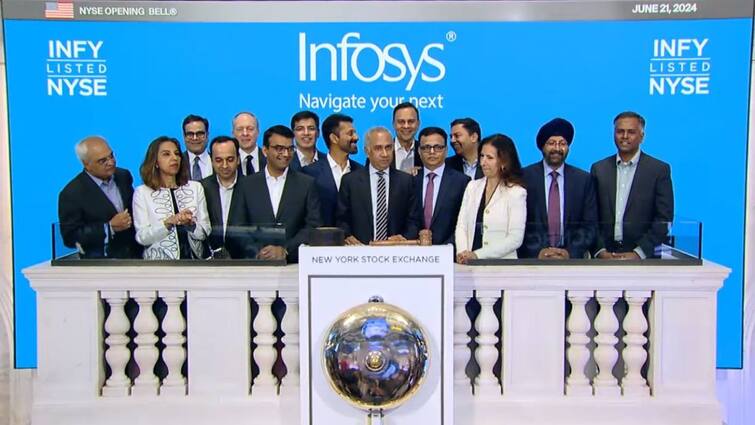 NYSE welcomes Infosys to podium to ring Opening Bell for 25 years of listing in United States अमेरिकी स्टॉक एक्सचेंज पर इंफोसिस की लिस्टिंग के 25 वर्ष पूरे, NYSE पर CEO सलिल पारिख ने ओपनिंग बेल बजाकर मनाया जश्न