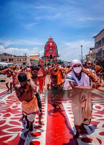 The bhakts pull the chariots from the Jagannath Temples along the streets of Puri to Gundicha temple.