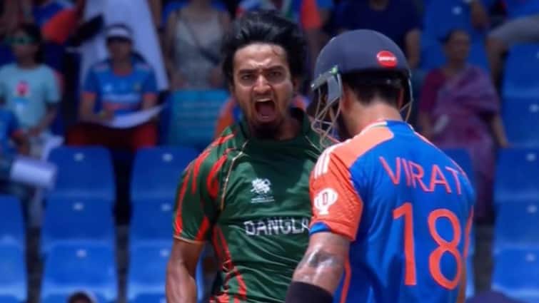 IND vs BAN Virat Kohli Wicket Tanzim Hasan Celebration Stare Video Virat Kohli Gets Gets Death Stare After Being Bowled By Tanzim Hasan In IND vs BAN T20 World Cup 2024 Match- WATCH