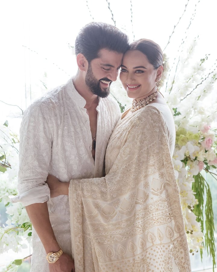 Sonakshi Sinha and Zaheer Iqbal's registered marriage was completed a short while ago. Sonakshi and Zaheer took to their social media handles to share their first wedding pictures. The couple looks adorable as newlyweds.