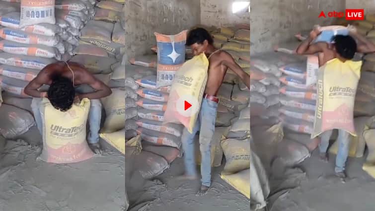 Laborer boy picked up the cement mortar with his teeth video goes viral Video: छोटा बाहुबली! लड़के ने दांत से उठा लिया सीमेंट का कट्टा, वीडियो देख हैरान रह जाएंगे आप