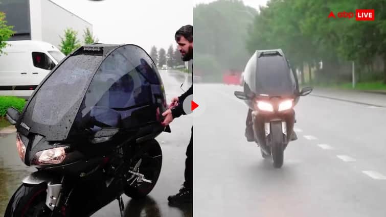 Man modified the bike and turned it into a car rain proof video viral Video: शख्स ने बारिश से बचने के लिए बाइक पर लगाया अनोखा जुगाड़, जमकर तारीफ कर रहे लोग