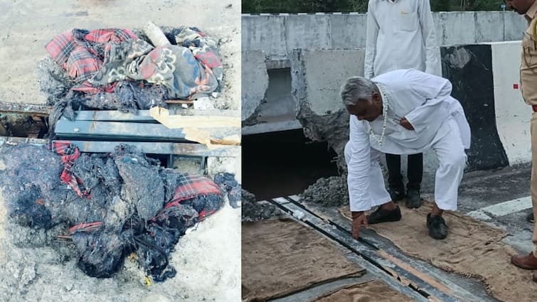 The use of cloth which are dug in the pits of Samruddhi Mahamarg former minister has been exposed समृद्धी महामार्गावरील खड्डे बुजवायला कापडी पिशव्या-गोण्यांचा वापर, माजी मंत्री यांच्या पाहणीवेळी धक्कादायक प्रकार उघड