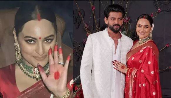 ਰਿਸੈਪਸ਼ਨ ਪਾਰਟੀ 'ਚ ਸੋਨਾਕਸ਼ੀ ਸਿਨਹਾ ਲਾਲ ਰੰਗ ਦੀ ਸਾੜ੍ਹੀ 'ਚ ਨਜ਼ਰ ਆਈ ਸੀ, ਜਿਸ ਦੇ ਨਾਲ ਅਦਾਕਾਰਾ ਨੇ ਹਲਕਾ ਮੇਕਅੱਪ ਕੀਤਾ ਸੀ ਅਤੇ ਸਿੰਦੂਰ ਲਗਾਇਆ ਸੀ।