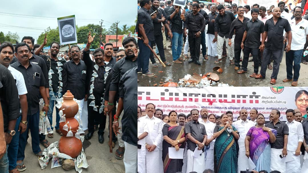 Chengalpattu news in chengalpattu ADMK protest against kallakurichi issue it makes in chengalpattu tnn கையில் கட்டையுடன் வந்த அதிமுகவினர்.. சாராயப் பானை, சாராயப் பாக்கெட்டுகள்.. பரபரத்த அதிமுக போராட்டம்